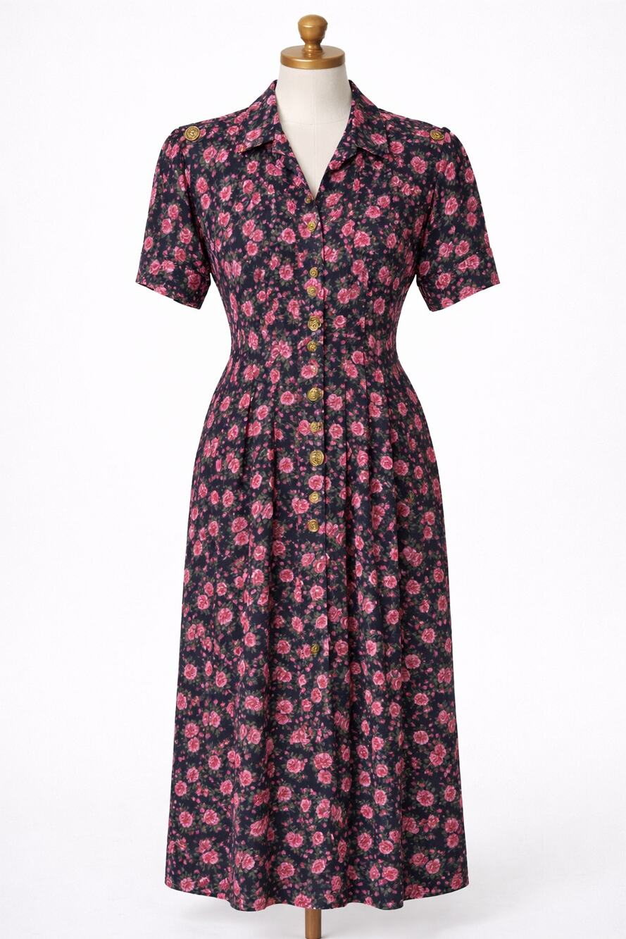 Vintage Pink Rose Print Shirt Dress Black Gold Buttons 8
